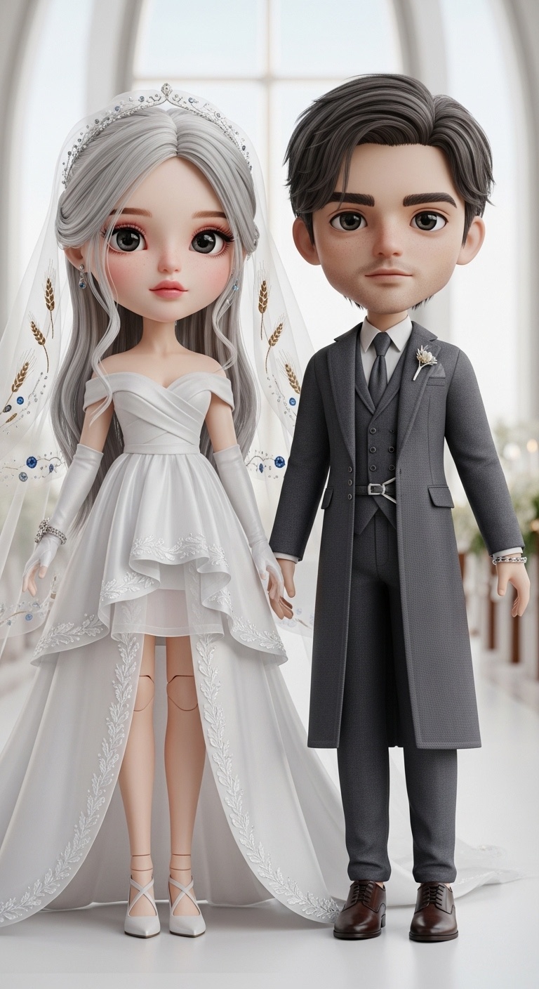 Bride doll with long flowing semi-transparent gown and groom in tailored minimal suit under diffused daylight; clean Nordic altar backdrop