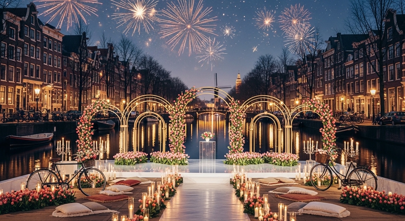 Canal Bridge and Vintage Bike Wedding Backdrop for Luxury Photos