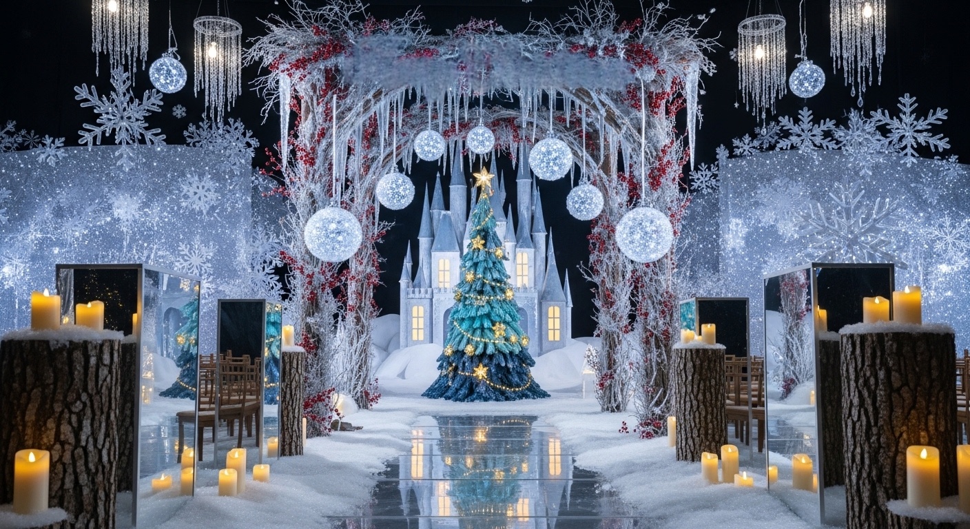 Candle-filled pine columns flanking a winter castle backdrop under soft LED lighting