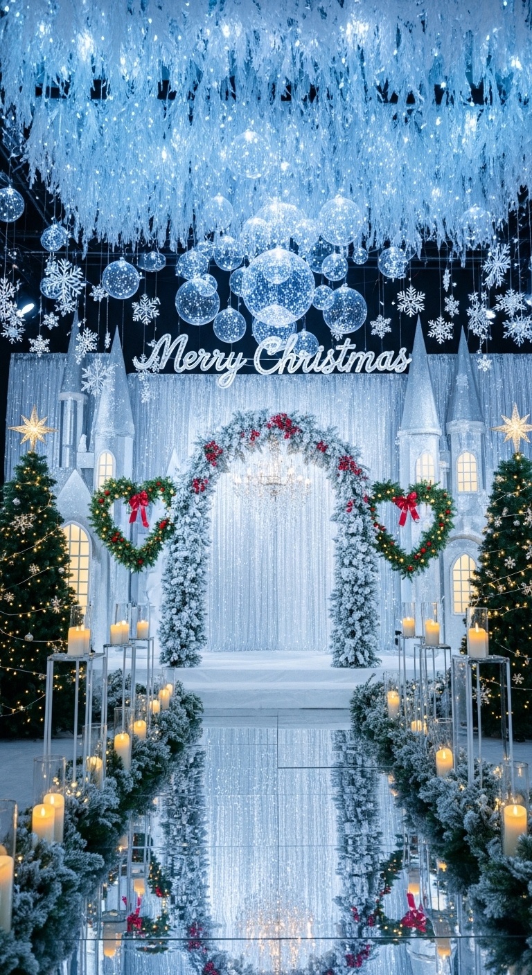 Candlelit fir pillars flanking ice-reflection aisle with soft ambient glow