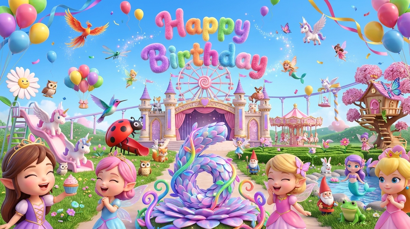 girls 6th birthday spring petal fantasy kingdom backdrop with floating number 6 rainbow petal arch and magical flower garden stage for home and studio photography