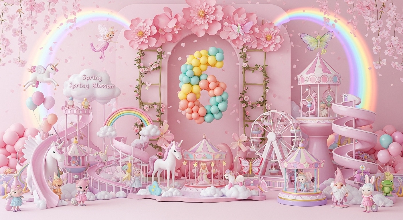girls 6th birthday spring petal enchanted kingdom backdrop with floating number 6 rainbow petal arch and flower vine stage for home and studio photography