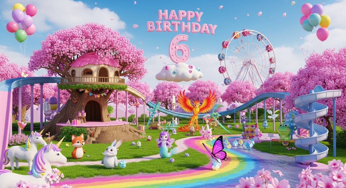 girls 6th birthday spring blossom fantasy kingdom backdrop with floating number 6 rainbow petal arch and magical treehouse stage for home and studio photography