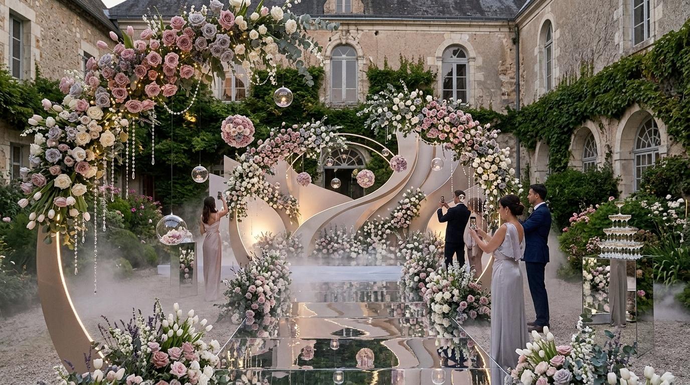 Château hall with vaulted stained-glass ceiling, dusty rose floral arch cascading, mirrored aisle reflecting floating micro-LED spheres, champagne white and silver-gray accents, soft natural light filtering through windows.
