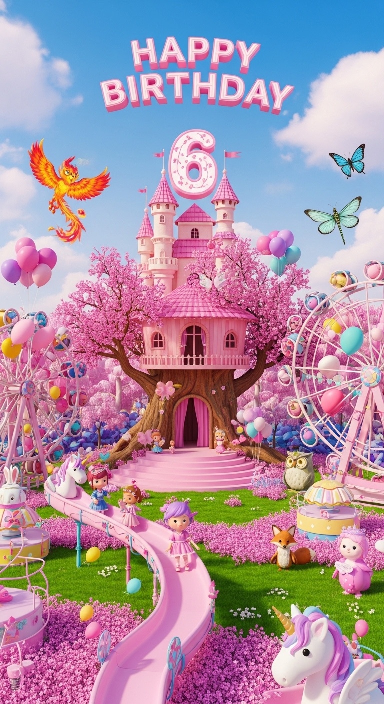 girls 6th birthday backdrop in candy blossom enchanted forest kingdom with floating number 6 pink treehouse stage and magical fantasy creatures for home and studio photography