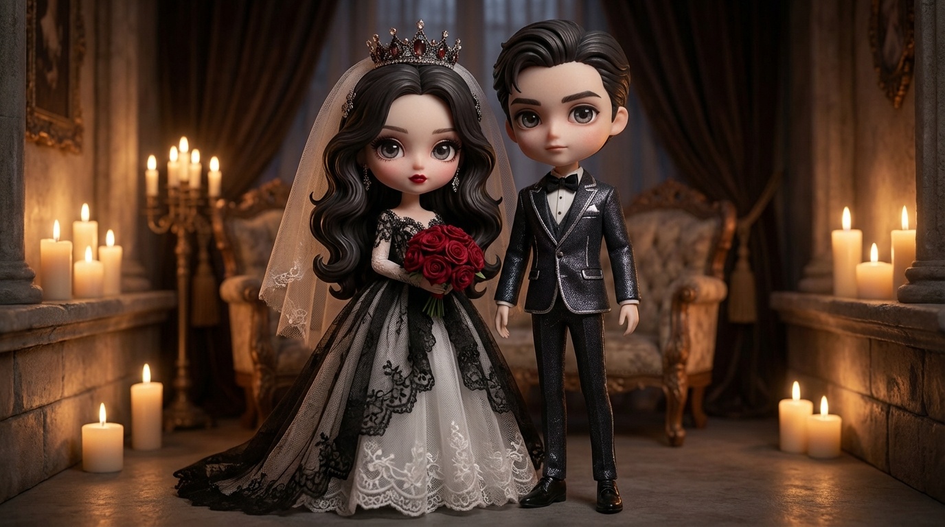 Chibi groom in dark tailored suit with subtle reflective threads, aligned with bride, semi-transparent gown layers catching candlelight