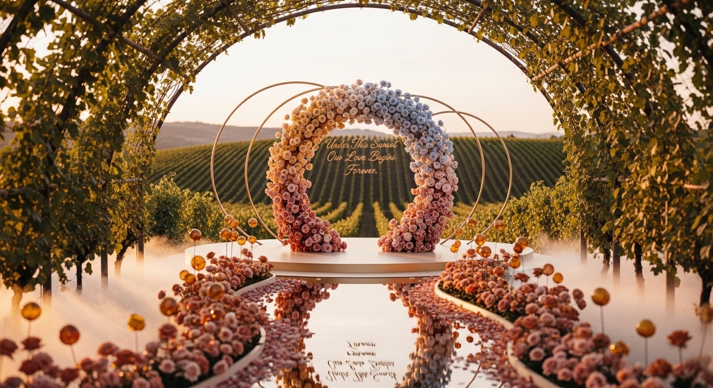 Close crop of roses and grape leaves wrapped around a champagne-toned arch, petals strewn along a curving path