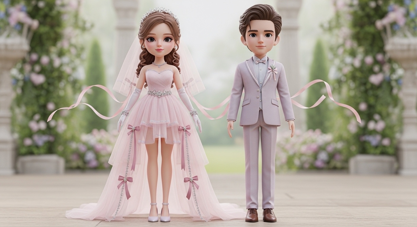 Close-up of delicate crystal embellishments on flowing gown, soft shadows across petals, gentle breeze suggested