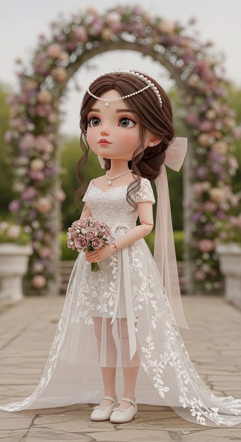 Close view of mirrored embroidery on a structured bodice, ribbons cascading evenly along the body line, surrounded by muted blush florals