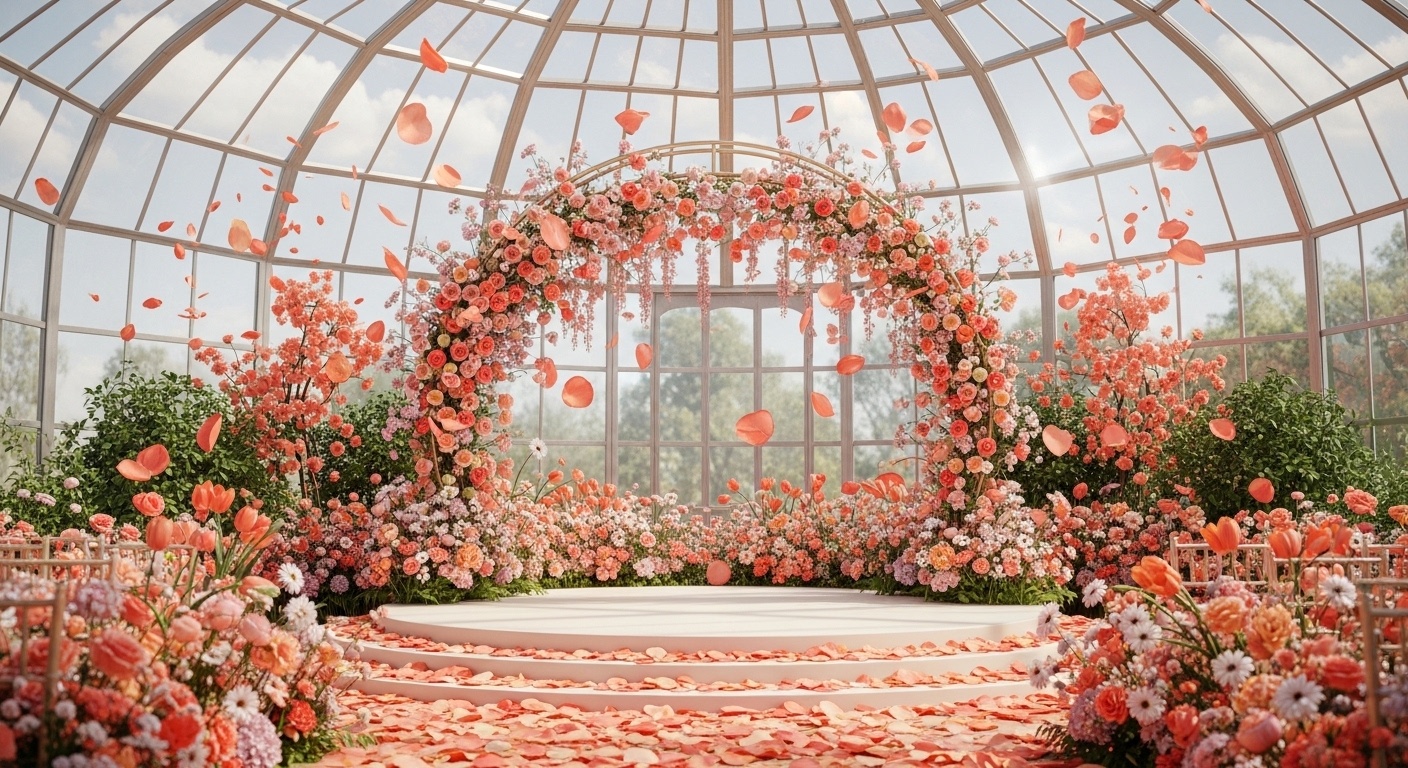Coral blossom garden wedding backdrop with champagne-gold ceremony arch, coral roses, apricot tulips, and sunlight beams inside a botanical glass dome greenhouse