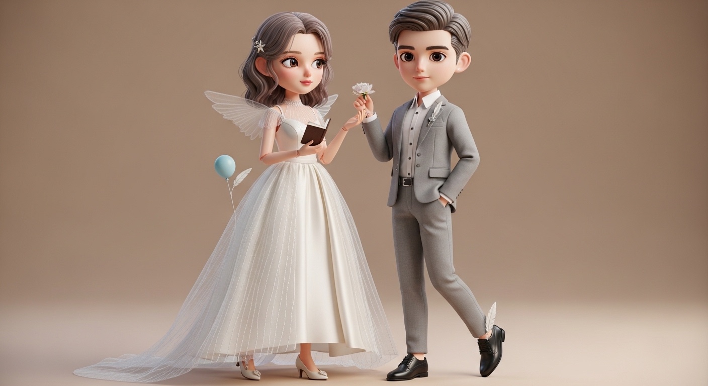 Slender Western‑featured dolls radiate lively romance against a literary wedding backdrop, holding miniature book and balloon details that echo Gemini curiosity and charm
