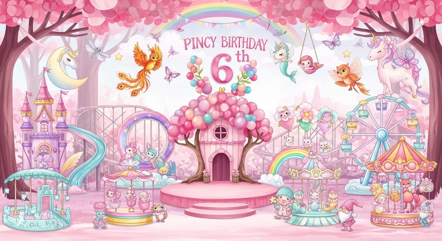girls 6th birthday backdrop in pink enchanted forest kingdom with giant number 6 rainbow petal arch and magical fantasy creatures for home and studio photography