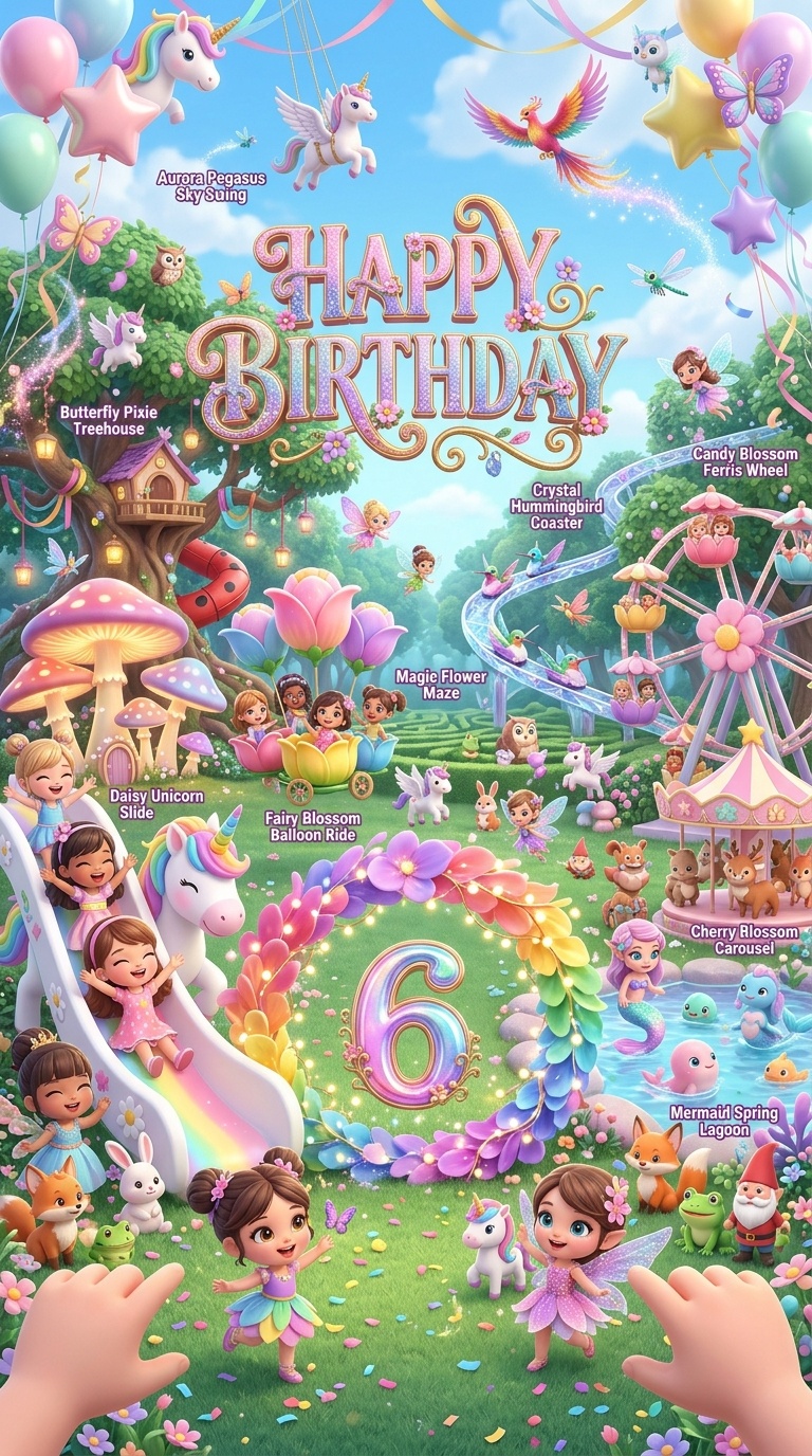 first-person view of whimsical spring garden amusement park birthday backdrop with Daisy Unicorn Slide Fairy Blossom Balloon Ride and Candy Blossom Ferris Wheel