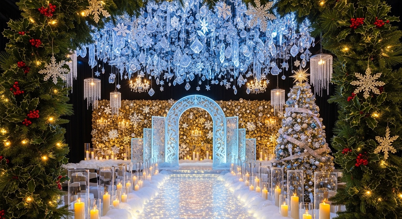 Dreamy Christmas wedding arch design with evergreen branches, holly berries, and warm lights forming an elegant winter ceremony entrance