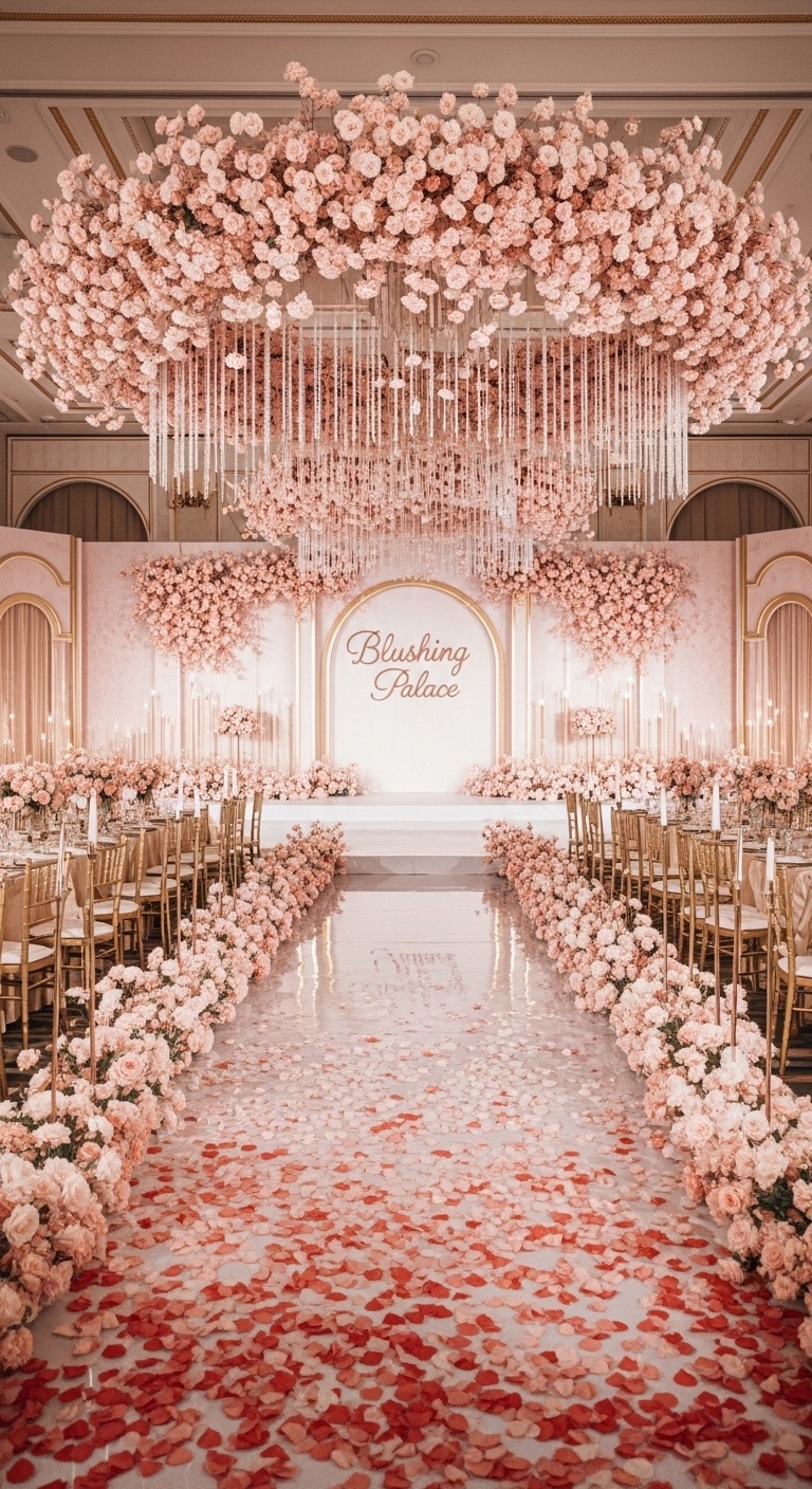 Dynamic light projection over ceremonial arch, blush-gold chiffon drapery, suspended petals in air, creating fantasy royal wedding photo backdrop for couples