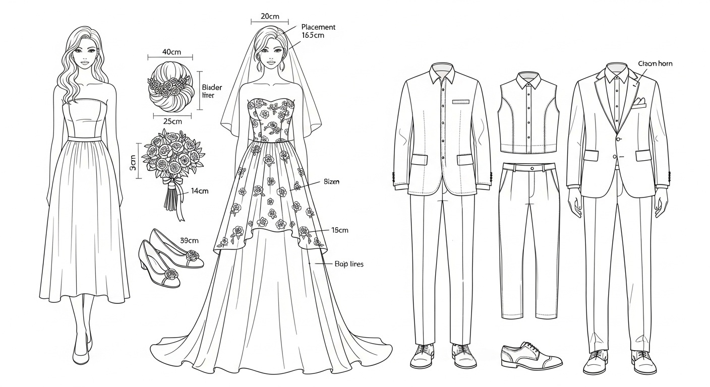 Earthy Rustic Wedding Decor Dolls with Subtle Horn Accents Technical Line Art Blueprint