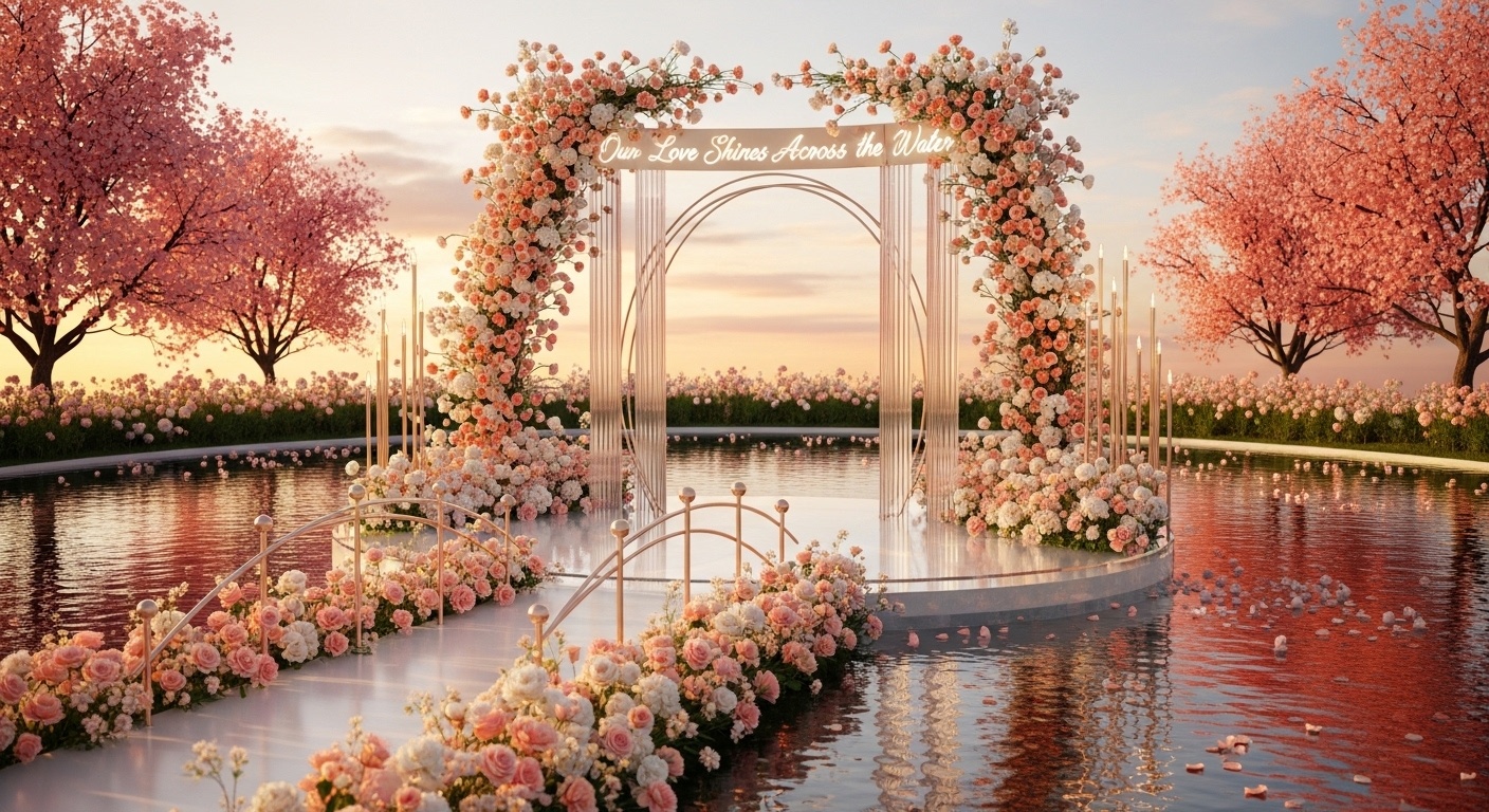Elegant 2026 romantic wedding idea showing floating lake ceremony stage, cascading peach floral arch, and mirrored lake reflections creating a cinematic wedding photography background