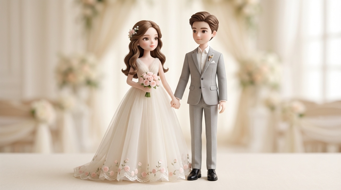 Elegant long-limbed Western-style wedding dolls radiate calm intimacy against a romantic greenery and rose backdrop, capturing slow-burn romance and Taurus-inspired steadiness