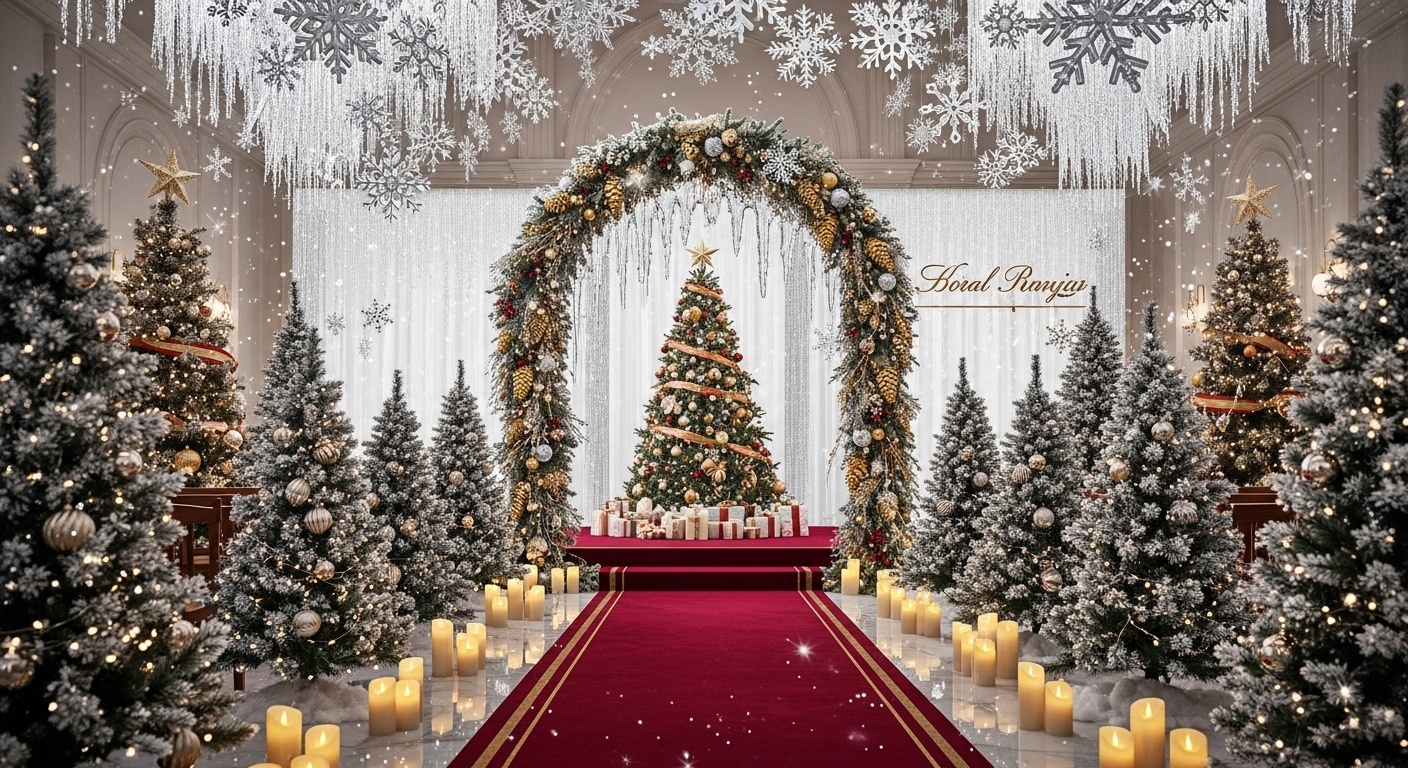 Elegant Christmas wedding scene featuring red velvet aisle, golden pine cone garlands, and soft candlelight, designed for romantic holiday engagement portraits and wedding shoots