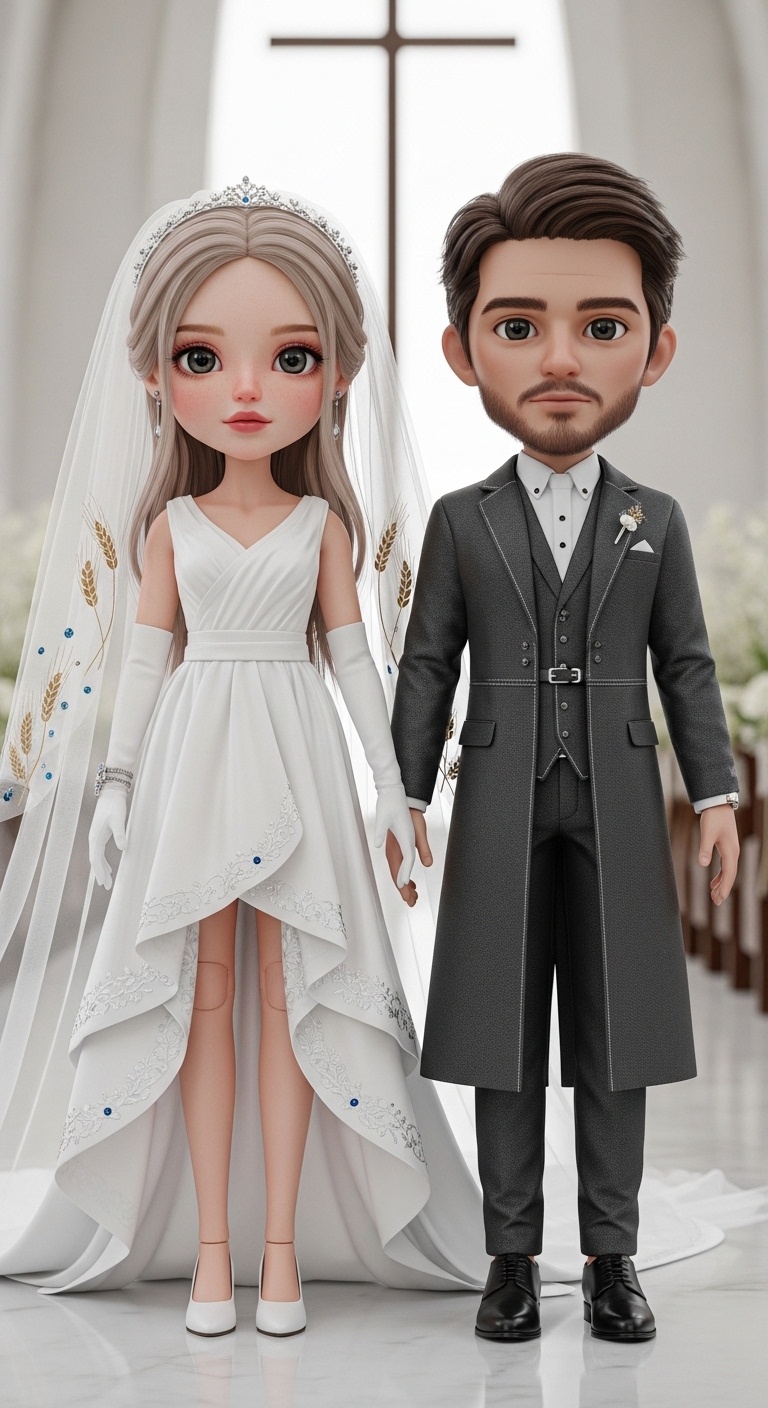 Elegant minimal wedding dolls positioned on a long table runner; wheat-inspired embroidery glows softly; serene chapel background