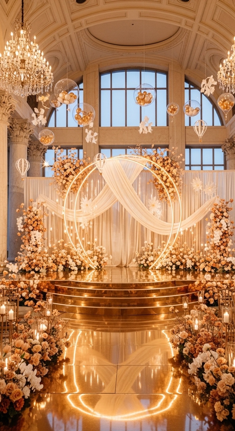 Elegant twilight wedding banner backdrop with amber gold lighting reflections on a mirrored floor, suspended hot-air-balloon ornaments, cream silk drapery, and glowing crystal flower arch