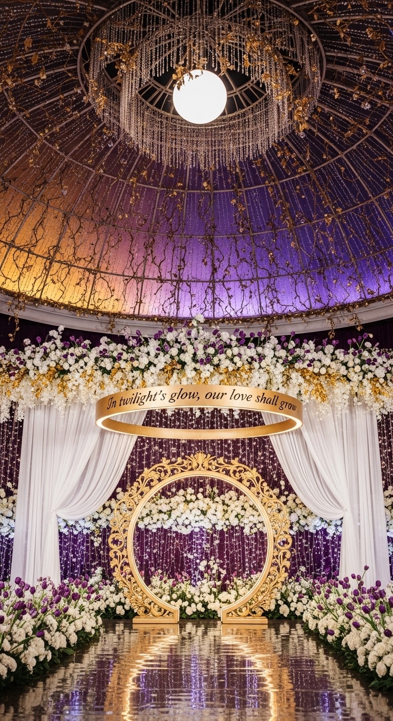 Enchanted twilight ballroom wedding backdrop featuring a grand crystal dome, glowing moon center, soft golden vines, and a lush floral wall of white roses and purple tulips. Warm ambient lighting creates a romantic, royal mood perfect for classic 2026 weddings
