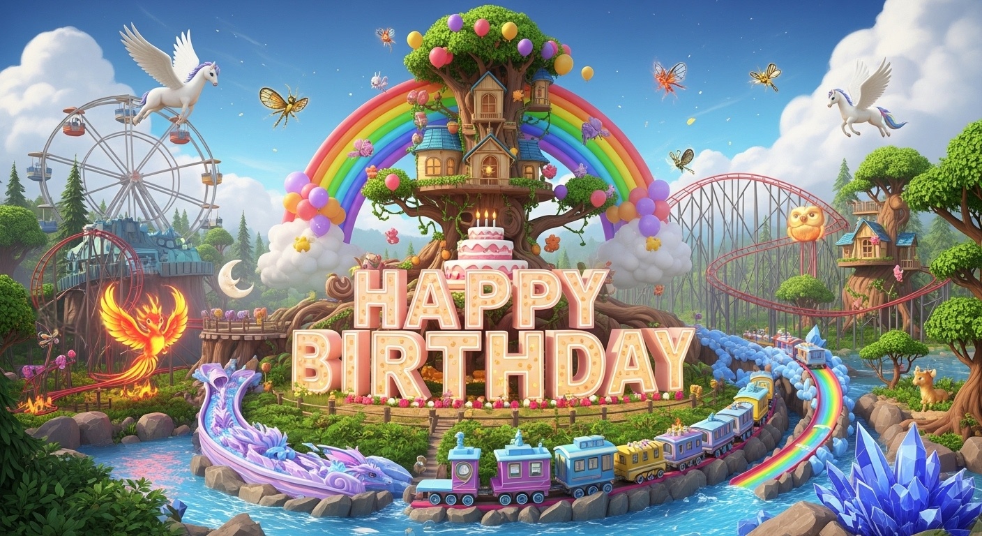 Enchanted woodland forest with fantasy creatures such as Moon Owl, Pegasus, and Crystal Dragon interacting with children during their birthday celebration