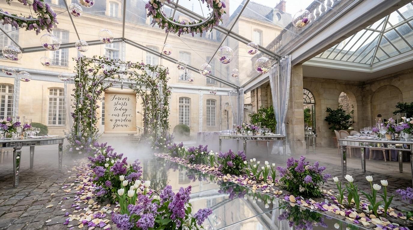 Estate garden courtyard with lilac rose chains, suspended flower hoops, fog diffused sunlight, LED points glimmering in glass vases, interactive guest photo space