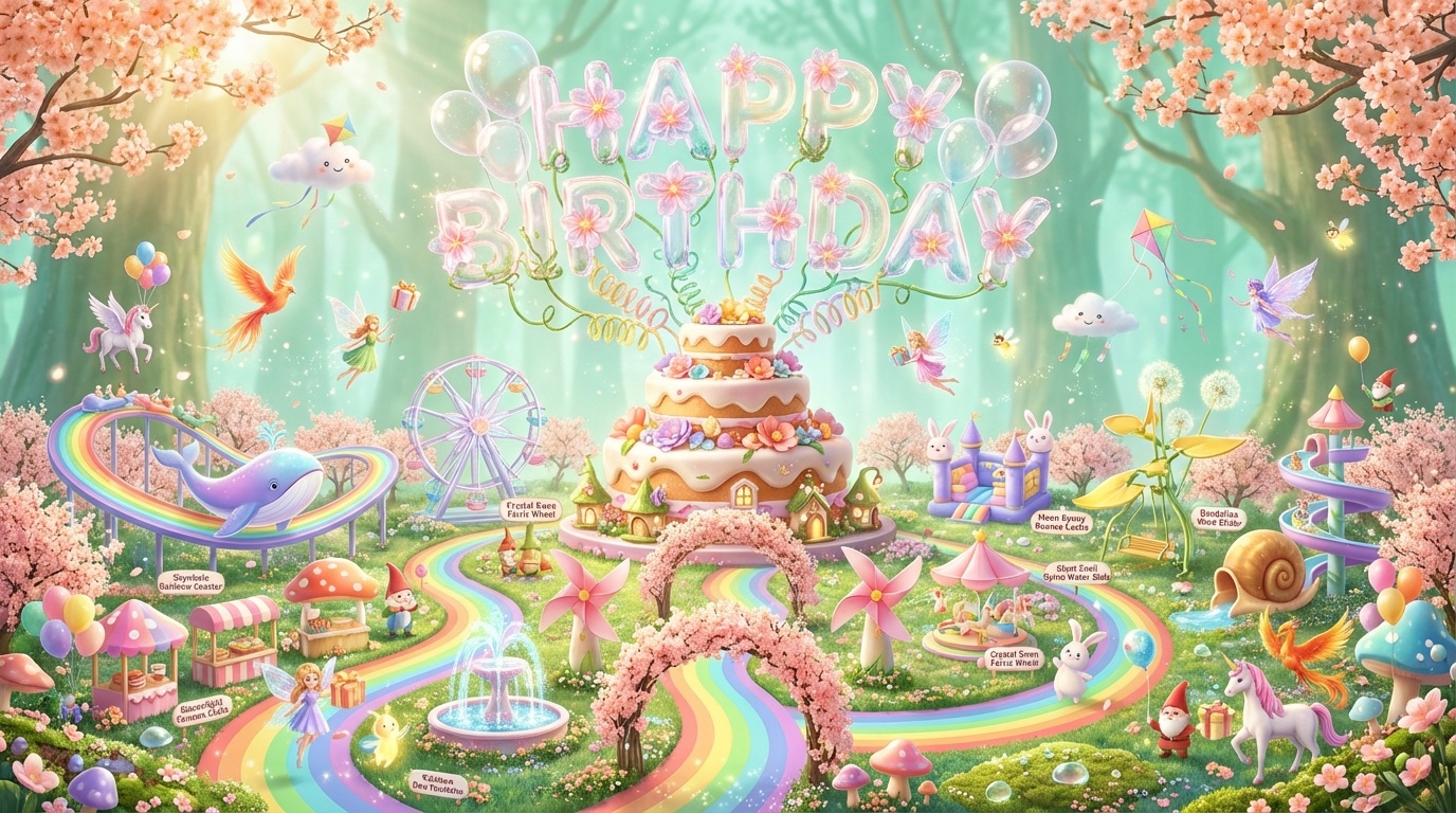 spring fairy forest birthday backdrop with skywhale rainbow coaster crystal swan ferris wheel moon bunny bounce castle kids fantasy amusement park illustration