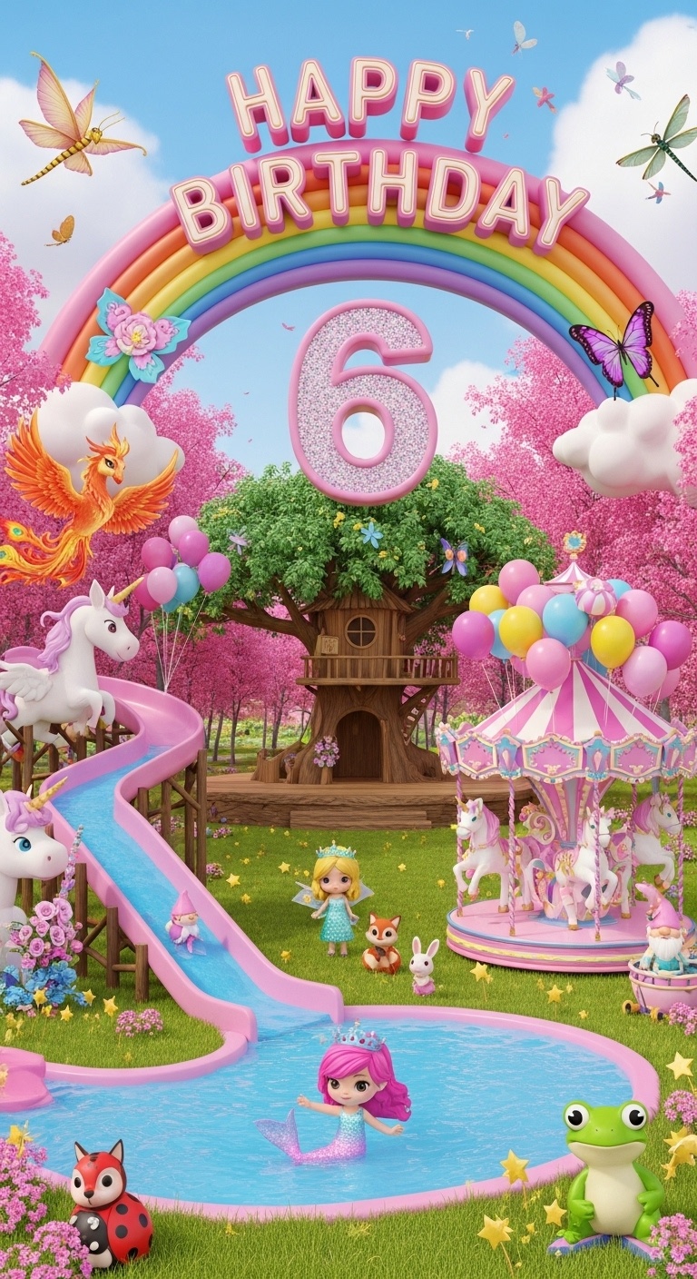 girls 6th birthday backdrop in magical pink forest kingdom with giant number 6 rainbow petal arch and fantasy creatures for home and studio photography