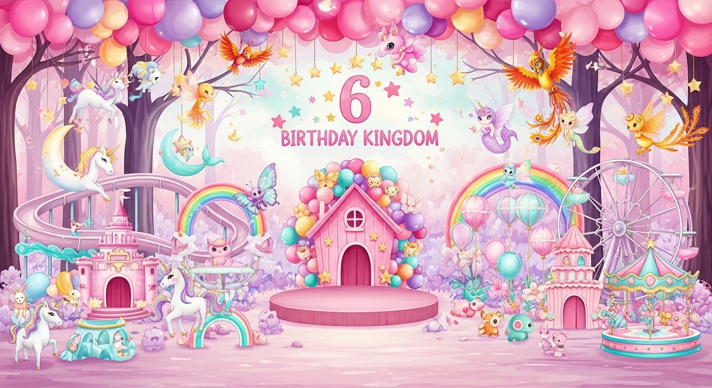 first person view of whimsical pink forest amusement park birthday backdrop with Moonlit Unicorn Water Slide Sparkle Unicorn Spiral Slide and Fairy Tale Carousel