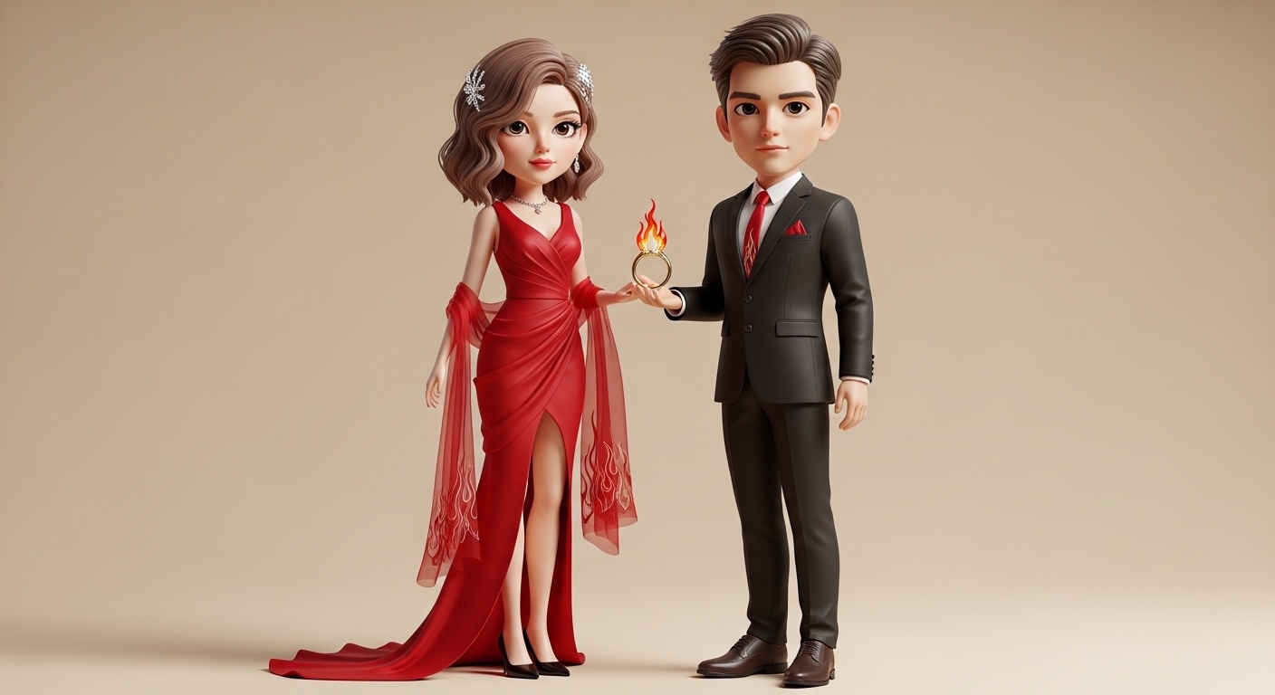 Full-body view of bold wedding cake topper dolls, bride with soft waved hair, modern structured red dress, and elegant high heels; groom in tailored suit with polished shoes, subtle fire-motif tie, and sincere forward-facing expression.