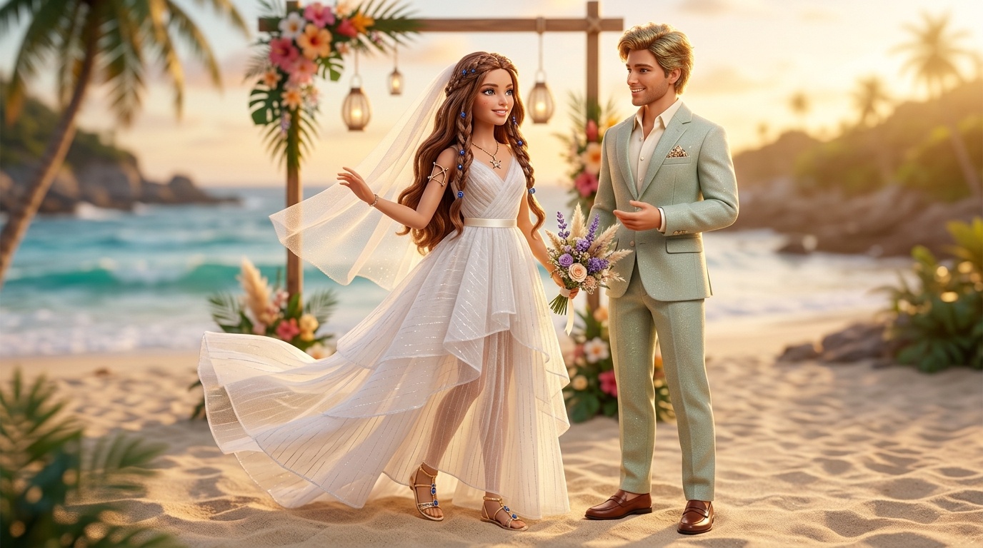 Free-Spirited Zodiac Wedding Dolls Showcasing Sagittarius Optimism, Romantic Island Backdrops, and Flowing Layered Gowns