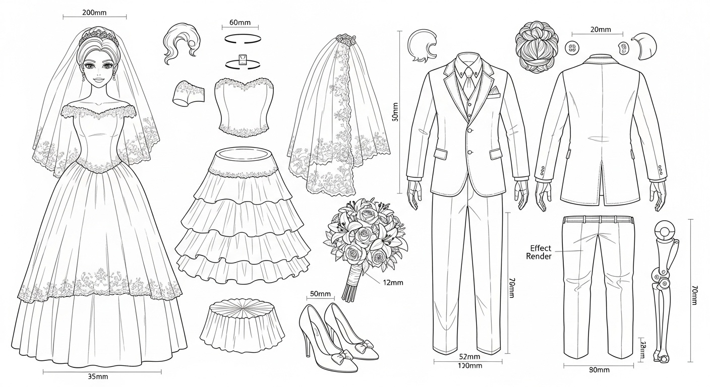Full-body view of both dolls on a boho destination wedding backdrop Technical Blueprint