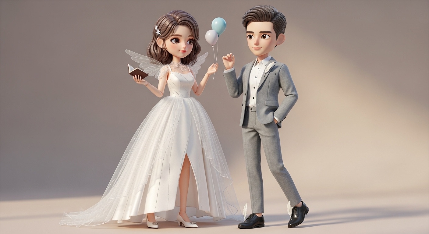 Soft light filters through the bride’s semi‑sheer upper skirt, creating gentle transparency and layered depth, balanced by the groom’s refined, lighthearted silhouette