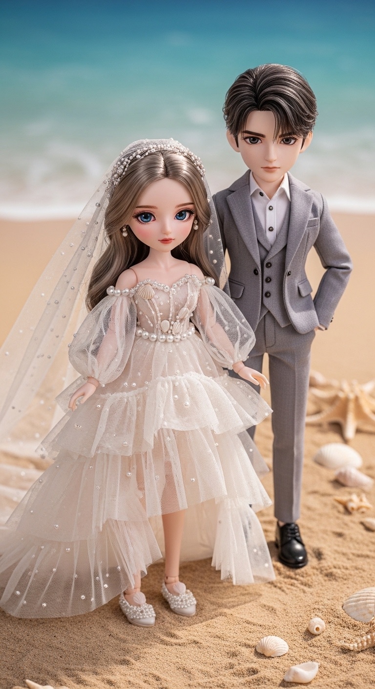 Close-up of layered tulle skirt catching soft moonlight, reflective pearl details