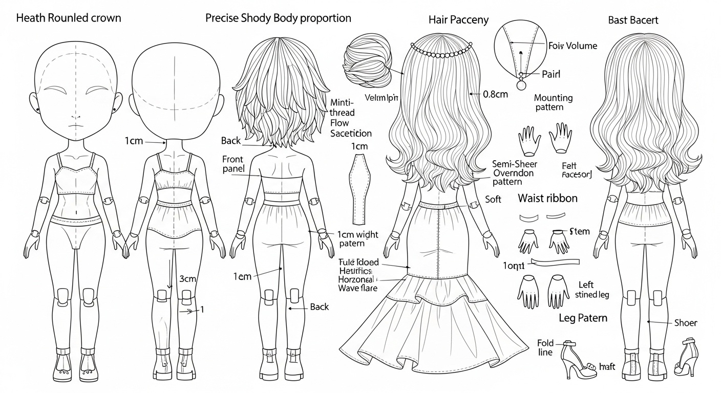 Gentle beach sunlight highlights translucent fabric layers and oceanic hues on a delicate 3D Chibi bride doll, styled for intimate coastal ceremony decor Technical Blueprint