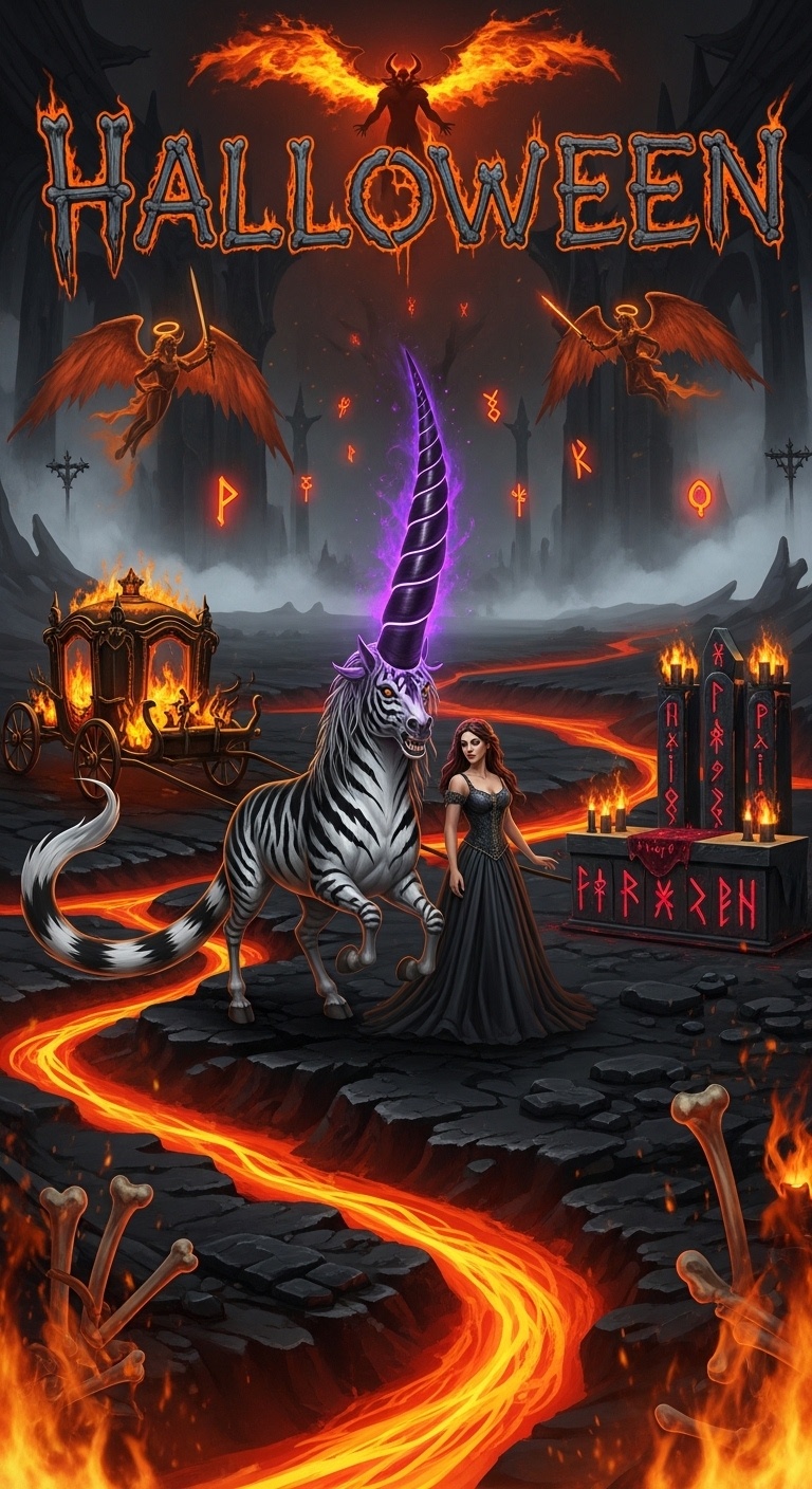 Ghostly carriage pulled by spectral horses, flames illuminating jagged underworld terrain