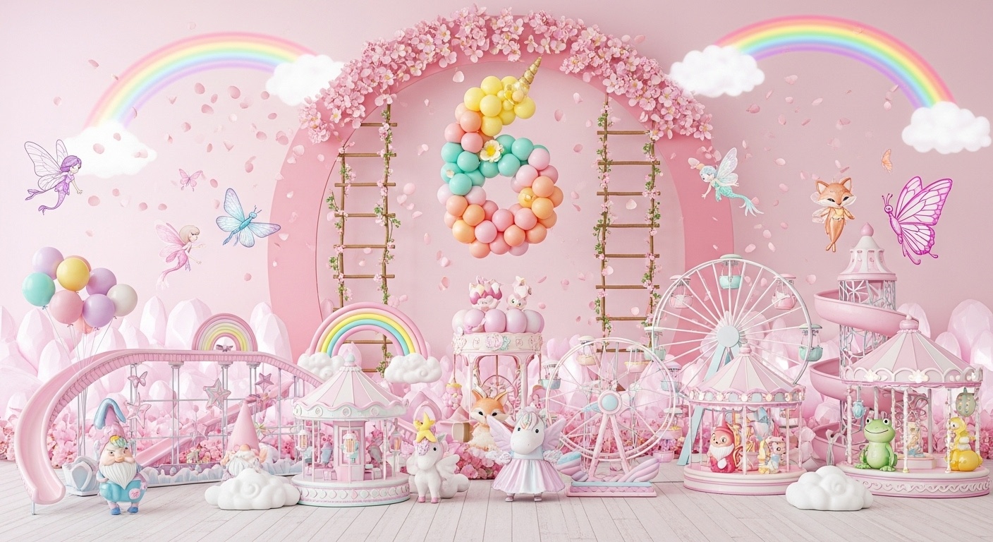 first-person view of whimsical spring garden amusement park birthday backdrop with Spring Blossom Unicorn Slide Pixie Rainbow Balloon Ride and Candy Cloud Ferris Wheel