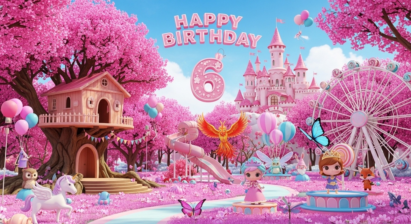 first-person view of whimsical candy blossom forest amusement park birthday backdrop with Cherry Blossom Unicorn Slide Twilight Fairy Balloon Ride and Sugar Cloud Ferris Wheel