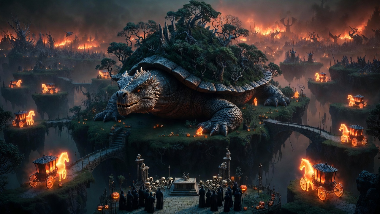 Giant dragon-turtle rising from the ocean with a forested shell island hosting a dark Halloween wedding ceremony