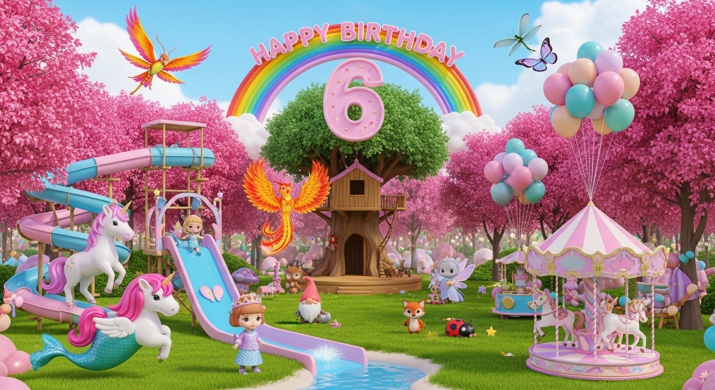 first person view of whimsical pink forest amusement park birthday backdrop with mermaid princess water slide glitter unicorn carousel and fairy garden balloon ride