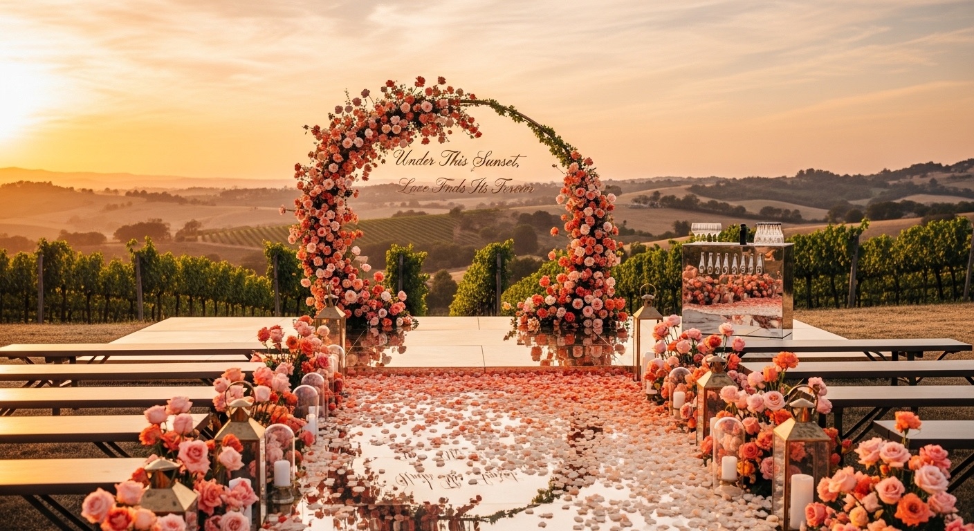 Golden Hour terrace with peach-gold rose arch, reflective wooden platform, brass lanterns scattered unevenly, soft sunlight catching petals along the aisle