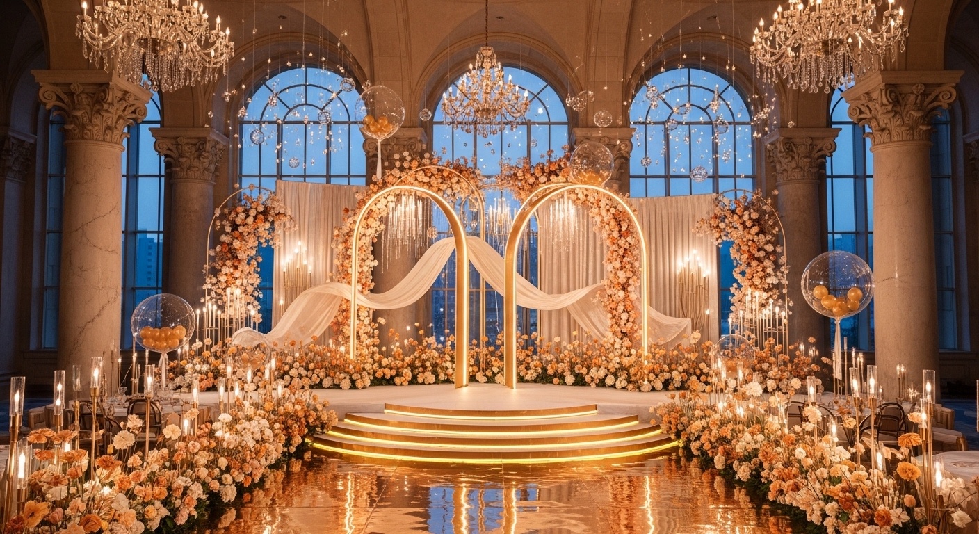 Grand amber twilight ballroom wedding backdrop featuring a glowing halo arch, mirrored golden staircase stage, peach and ivory floral pillars, and cascading crystal chandeliers inside a palace-style hall