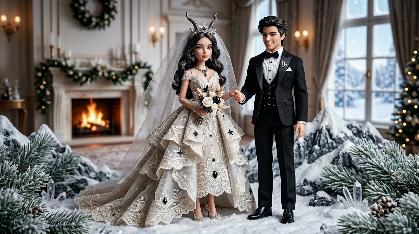 Groom doll in structured black-and-white suit, standing next to bride, shadows emphasizing posture and personality