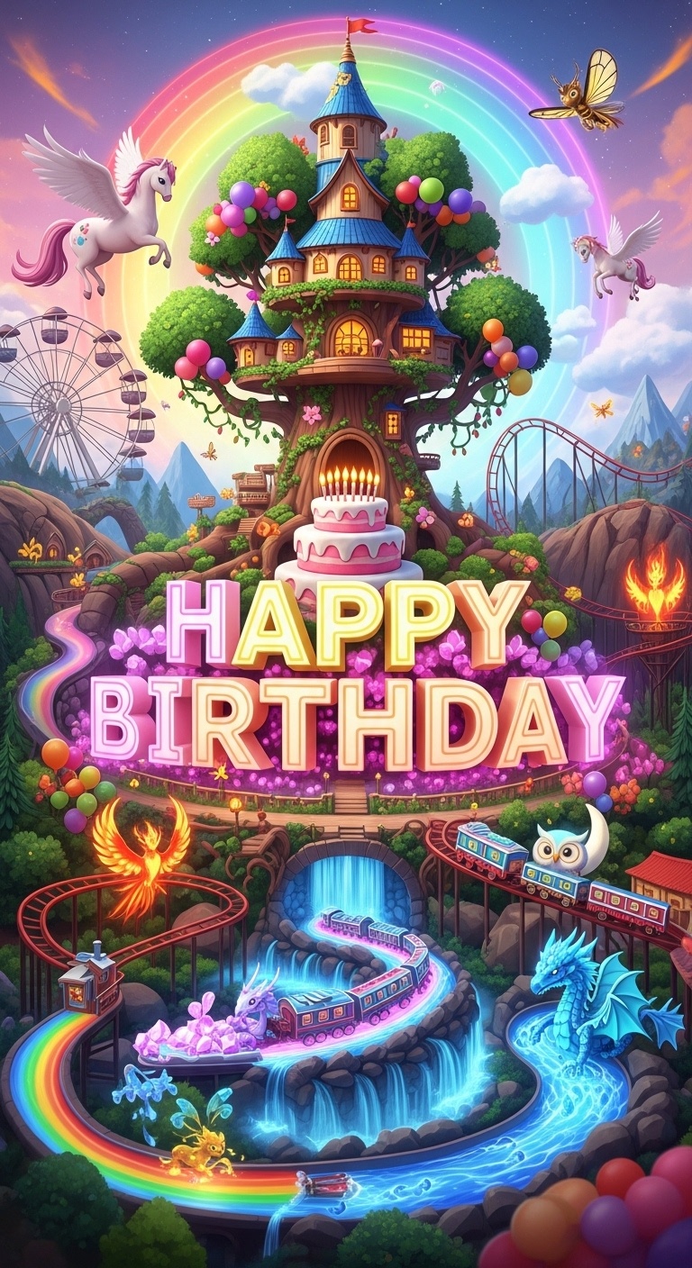 Happy 6th Birthday enchanted woodland backdrop with rainbow treehouse castle, giant birthday cake, and fantasy amusement park rides for children