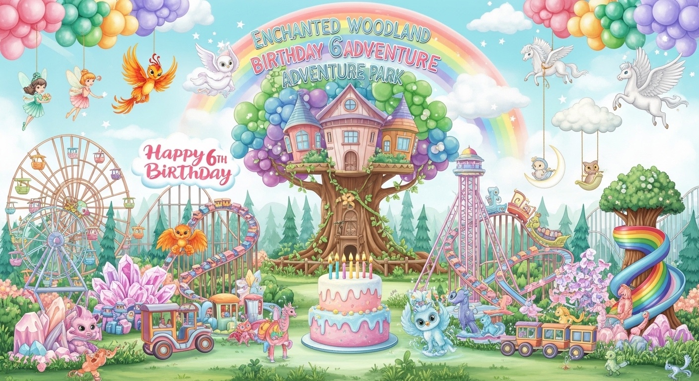 Happy 6th birthday enchanted woodland backdrop with rainbow treehouse castle and giant birthday cake surrounded by fantasy amusement rides