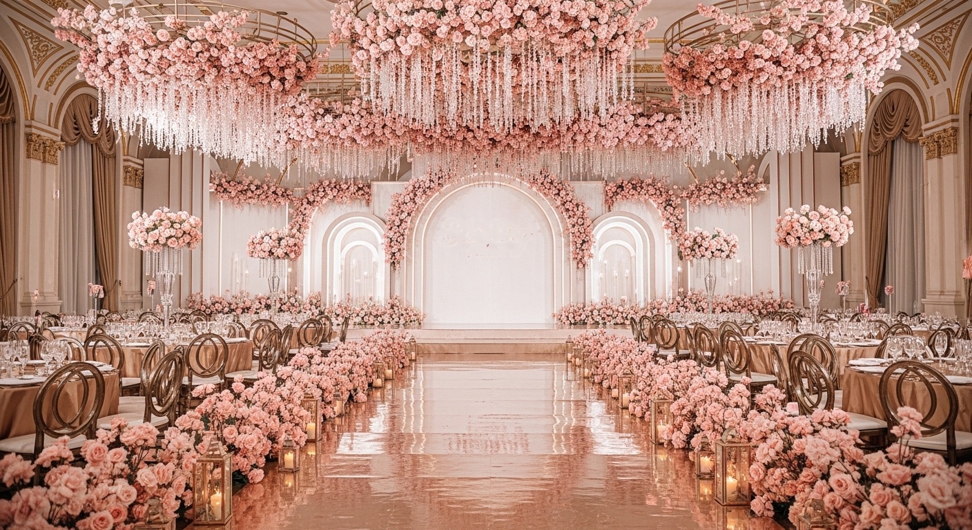 High-ceilinged glass-dome ballroom with blush rose gradient carpet, gilded columns, and floating flower arrangements, ideal for luxury wedding inspiration and photography