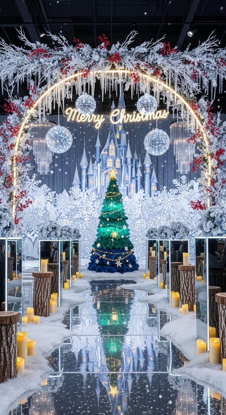 Icicle-lit cedar arch with hanging crystal snow orbs above snow-kissed glass aisle