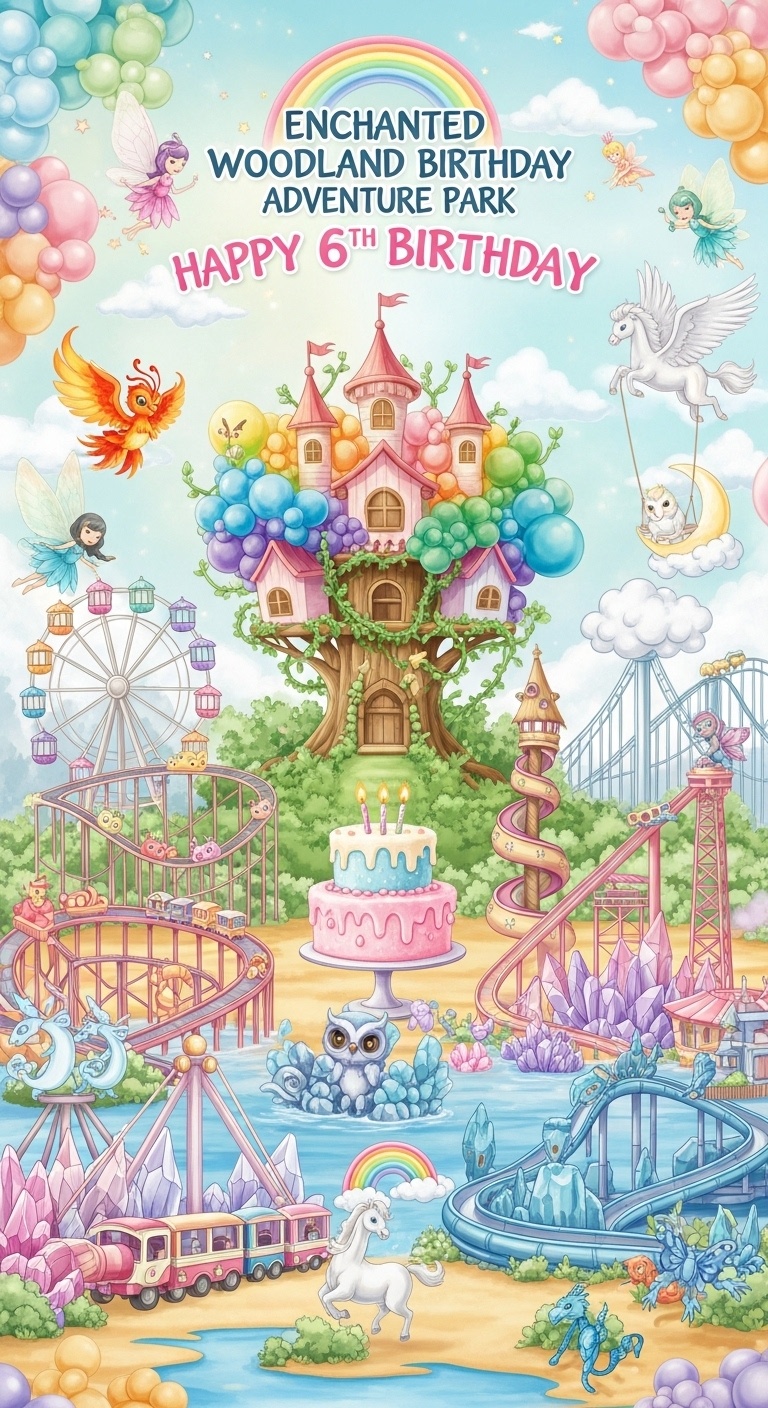 Crystal Dragon Rapids Ride Phoenix Firelight Coaster and Forest Griffin Sky Wheel interacting with children at magical forest birthday party